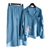 Pantalones de dos piezas para mujeres Traje de camisa para mujeres Tocado con estampado floral de pierna ancha con bolsillos de cintura con cordón