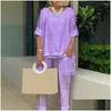 Women'S Two Piece Pants Womens 1 Set Round Neck T-Shirt Pure Color Work Outfit Drop Delivery Apparel Clothing Sets Ot7Nx