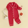 Baby Girls Summer Jumpsuit Pajama Red Long Sleeve Lapel Button Up Sleepwear Romper 240325