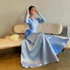 Party Dresses Sodigne Blue Modest Prom Saudiarabien Långärmar Satin Formell aftonklänning Backless 3D Flower Endast Evens