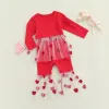 Düzeltici Mababy 6m4y Sevgililer Günü Toddler Bebek Kız Giysileri Seti Dantel Kalp Baskı Üstleri Parlama Pantolon Kıyafetleri Bahar Kostüm D35
