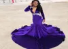 Stylish Purple Velvet Mermaid Prom Dresses Sheer Deep V Neck Beaded Long Sleeves Evening Gowns Plus Size Sweep Train Appliqued For2413278