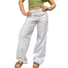 Calça feminina de elástico casual branco e flor de cintura, perna lisa e reta de roupas diárias de rua
