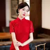 Vêtements ethniques 2023 Été Red Sexy Qipao pour femmes Lace Traditional Cheongsam Robe de soirée de style chinois à manches courtes