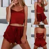 Hemkläder 2024 Sexig nattklänning Sleepshirts Kvinnor Kläder Sleepwear Rem Sling Solid Color V Neck Camisole Top Ruffled Shorts Cami Set