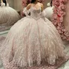 Sparkly Champagne Quinceanera Dress 2024 Ball Gown Appliques Beading Feather Tull Sequins Puffy Skirt Sweet 15 16 Dress Vestidos