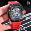 Richardmill Watch Date Luxury Mens Mechanical Full Black Case Red Orange Rubber Men rostfritt stål Sapphire Automatisk kalender