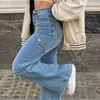 Mulheres jeans calças de calça larrada de cor sólida casual cintura alta jeans de bote de boi de rua folgada para calças y2k 240403