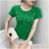 Womens T-Shirt T Shirts Camiseta Feminina 2022 Summer Bead T-Shirts Female Beads Shirt Green Tops Beading Poleras De Mujer Moda Woman Dhnvw