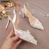 Boots Summer White Sandals 2023 Hand Made Pearl Lace Wedding Women Heels Bridal Shoes Elegant Ladies Pointed Toe High Heels