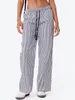 Frauenhose Frauen gestreifte Lounge Drawess Taille Weitbein Leinen Pyjama 2024 Trendy Plus Size gehen aus den Bottoms Streetwear aus