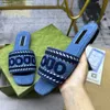 Designer flat heeled square toe slippers, women's blue denim embroidered sandals, summer comfortable vacation shoes, women's simple sandals