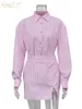 Listra rosa de moda clacive Conjuntos de duas peças superam as mulheres outono camisas de manga longa sexy combinando com cintura alta mini -saia 240329