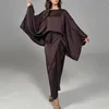 Robes de travail Spring Elegant O-Leck Satin Set Femmes Sexy Batwing Sleeve Top Pullover Long Jirts Suit Automne Slim Bodycon Two Piece