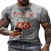 Verão Nova Rota 66 3D Digital Print Street Hip Hop Style Slim Fit Pullover Men's T-Shirt
