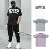 メンズTシャツメンTシャツドロップショルダースリーブルーズヒップホップシャツ男性トレーニングジムストリートハラジュクティーシャツ2443