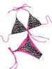 Mulheres femininas Mulheres 2 peças Y2K Bikini Swimsuit Leopard Tie-up Tie-up Halter pescoço de sutiã acolchoado