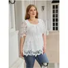 Womens Plus Size T-Shirt White Lace Blouse Shirt 2023 Summer Women Short Sleeve Hollow Out Casual Ladies Tops Clothing U51H Drop Deliv Dhdsu