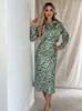 Werk jurken mode satijnen print lange mouw shirt half jurk suit elegante revers met één borsten blouse slanke rok set casual dame outfit