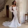 Serratura della sirena splendida abito da sposa a cuore maniche lunghe abiti da sposa abiti da sposa Appliques Sweep Designer del treno Boho Robe de Mariage