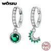 Earrings WOSTU 925 Sterling Silver Asymmetric Sun&Moon Ear Clips With Fully Green zircons Clasp Fine Jewelry For Women Wedding Party Gift