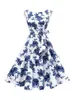 Mulheres Blue Rose Party Party Floral Print Waist Bell Midi Dress casual Casual Sweet Vintage Aline Office Lady Vestidos Summer 240321