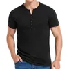 T-shirts masculins européens et américains Mens décontractés Slim Fit Henry Shirt Short à manches courtes bouton de couleur solide T-shirt Top Top 2443