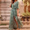 Jurken Basic Casual Boho Floral Print Long Jurk Women Sexy Deep V-Neck Mouw High Split Swing met riem Elegant Beach Vestidos 230531