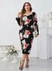 Plus taille d'été floral midi dres fleur imprimement corporelcones backless manches longues dames robes élégantes modis femme robe 2023 240408