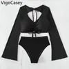 Women's Swimwear VigoCasey 2024 Solid Sexy Women High Waist Cut Bikini Set V Neck Push Up Swimsuit Mesh Long SLeeve Summer Bathing Suit