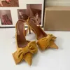 Klänningskor Trafstruktur Velvet Bow Stilettos New Womans Pointed Head Slingbacks High Heels Fashion Apricot Yellow Pumps Sandaler för H240403956H