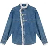 Blouses pour femmes 2024 AUTUMNE Shirt Denim Fashion Lace Patchwork Jean Tops Veste Femme Blue Blue Elegant Ladies Trend Coats