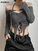 Goth Dark Vintage Mall Gothic Drawstring Women T-shirts 2-stycken Set Y2K Retro Fairy Grunge Camisole Långärmad spännskruva toppar 240318