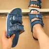 Slippers 2023 Summer Women Slippers Fashion Designer Female Shoes Purple Canvas Metal Buckle Flat Slippers Beach Shoes Soft Sole Sandals J240402