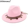 Brede rand hoeden emmer Showersmile blauw vilt Fedoras dames hoed wol trilby vrije tijd etnische stijl etnische stijl varkenspaart yq240403