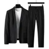 2Pcs Men Blazer Pants Set Spring Fashion Suit Stripe Pleats Long Sleeve Turndown Collar Jacket Drawstring Trousers for Wedding 240326