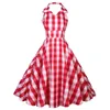 Casual jurken vintage plaid print halter nek cocktail party long dames sexy hoge taille jurk ruches gewaad femme