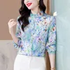 Kadınlar bluzlar retro bahar baskılı ayakta boyun düğmesi Çin tarzı saten tek sıra çok uzun kollu gevşek gömlek üstleri