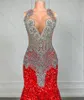 Платья для вечеринок Sparkly Red Sequin Mermaid Prom 2024 Роскошные серебряные хрустальные платья из бисера