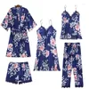 Home Clothing 5PCS Satin Sexy Pajamas Suit Women Lace Payjamas Pour Femme Kimono Robe Gown Loose V-neck Sleepwear With Trousers Loungewear