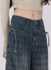 Kvinnors jeans aoaiiys kvinnor hög midja 2024 chic spetsar upp rutig designer rak knapp y2k breda benbyxor