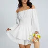 Casual Dresses Women's Puff Sleeve Romper Summer Ruched Long Flowy Layered Short Jumpsuit Elastic Waist Flouncing Off Shoulder Playsuits