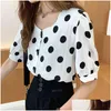 Camicie da donna camicie qoerlin m4xl in stile estivo camicia a pois retrò con chiffon da donna a manica corta singola femmina nera bianca nera grande dhtcw