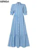 Vestidos sexy urbanos Plus Tamanho Vonda elegante camisa listrada feminino verão Sexy Puff Slave Lavel Long Maxi Sundress Button Casual Office Robe Y240402