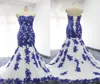 Royal Blue Applique Spitze Meerjungfrau Brautkleider trägerloser Perlen Pailletten plus Größe Brautkleid für Frauenparty Braut Custom FO1257667