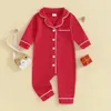 Baby Girls Summer Jumpsuit Pajama Red Long Sleeve Lapel Button Up Sleepwear Romper 240325