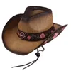 Berets Cowboy Straw Sun Hat voor vrouwelijke brede vizier met borduurwerk Cowgirl Carnivals Party Hoofddeksels