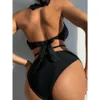 ChanShuang new one-piece swimsuit backless bikini swimsuit womens cut-out swimsuit solid color bikini6503