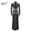 Robes décontractées Qili-Women's Long Robe 2 Piece Set Full Sleeve Diamonds Sexy Voir à travers Mesh Bodycon Rhingestone
