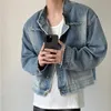 Mens Hip-hop Denim Jacket Gradient Rough Edge Shoulder Pads Cowboy Coat Single Breasted Short Fashion Casual Men Outwear 240322